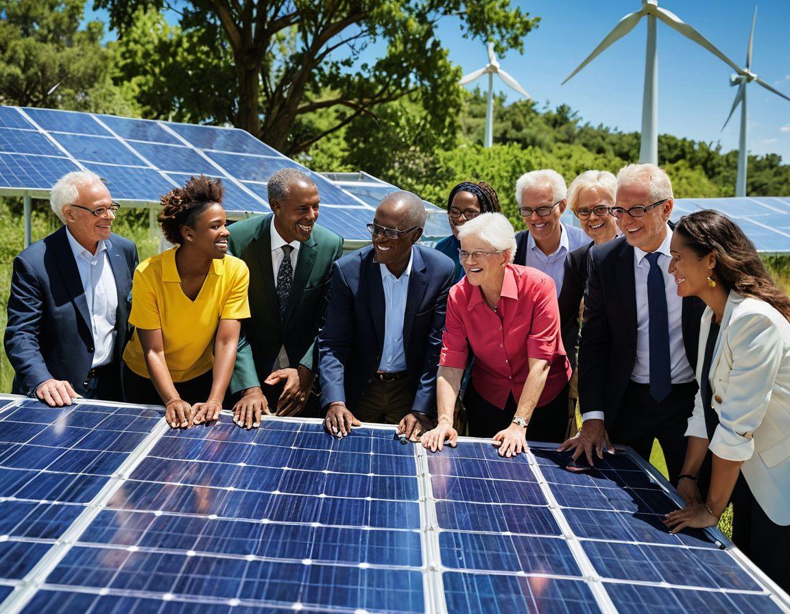 A diverse community gathered around a solar panel installation, highlighting collaboration and empowerment. In the background, wind turbines dot the landscape, symbolizing clean energy innovation. Lush greenery surrounds the area, emphasizing sustainability and nature. People of various ages are engaged in discussions and activities, showcasing unity and enthusiasm for local energy solutions. vibrant colors. super-realistic.