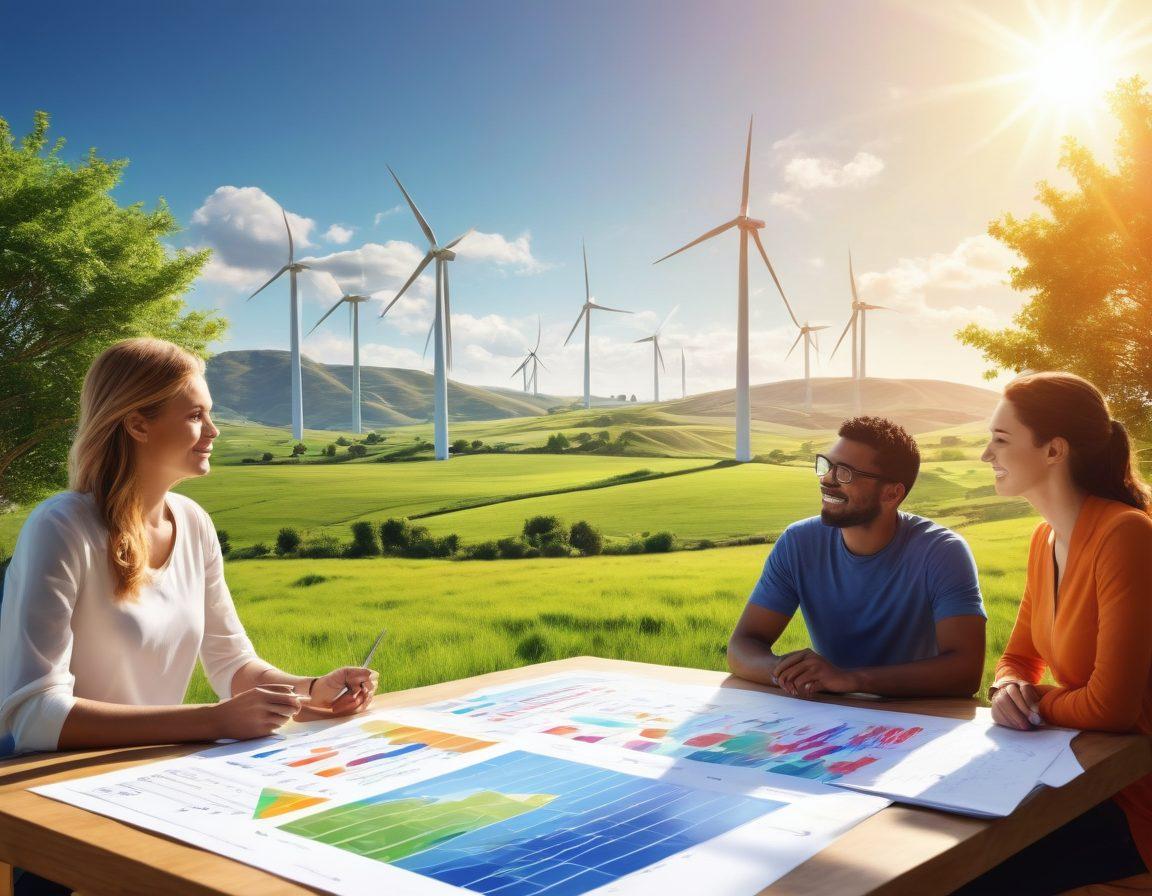 A lush landscape showcasing a wind farm with towering turbines, solar panels reflecting sunlight, and a serene blue sky. In the foreground, a diverse group of people enthusiastically discussing renewable energy solutions with charts and graphs around them. Vivid greenery and clean energy symbols integrated throughout the scene to signify sustainability. super-realistic. vibrant colors. bright and sunny ambiance.
