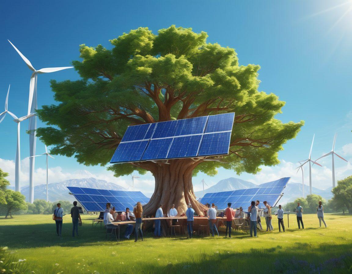 A diverse group of individuals collaborating under a large tree symbolizing sustainability, surrounded by solar panels and wind turbines. They are discussing plans with digital devices in hand, showcasing a bright future of green energy. The background features a clear blue sky and lush greenery, highlighting the harmony between technology and nature. vibrant colors. super-realistic.